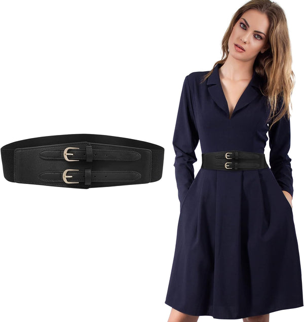 Double Buckle Women Elastic Wide Belt