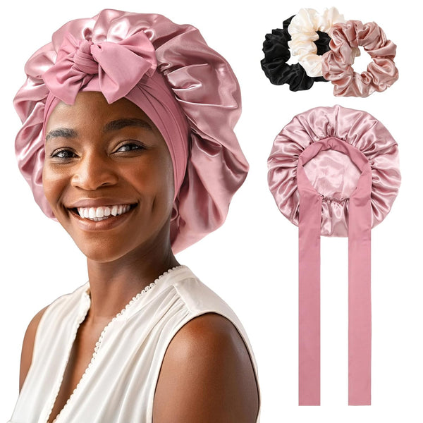 2 Layered Satin Bonnet for Women Tie Band with 3PCS Hair Scrunchies