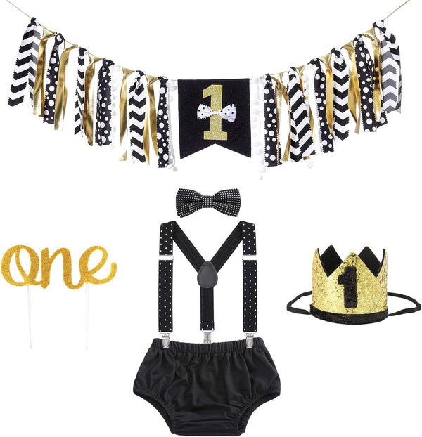 Boy First Birthday Outfit and Decorations (Black Polka Dot)