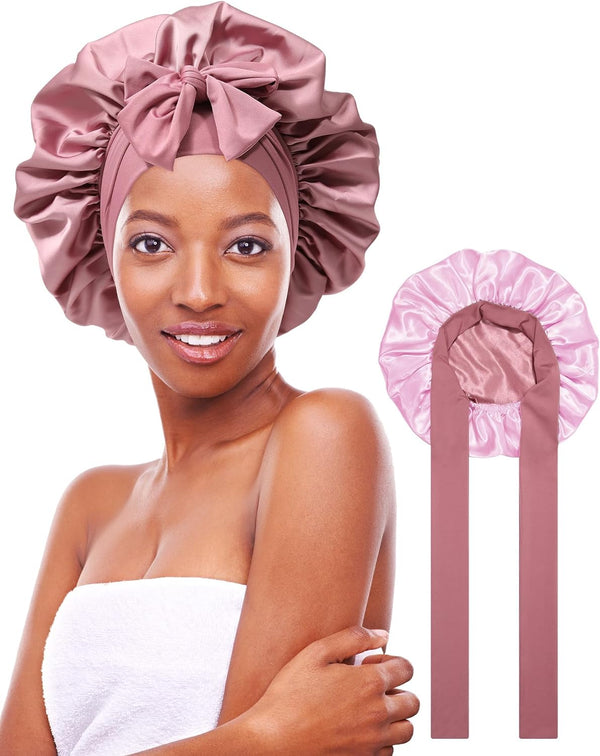 Women Double Layer Satin Bonnet with Elastic Tie Band