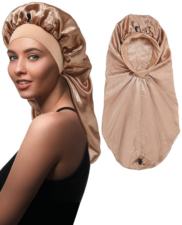 2 Layer Long Satin Braids Bonnet with Button for Women