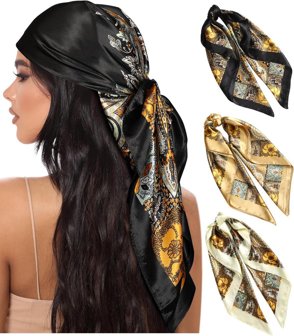 35” Large Square Satin Head Scarf for Women (Pack of 3)